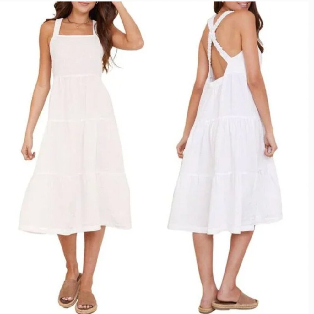 BELLA DAHL white linen scrunch strap tiered midi dress